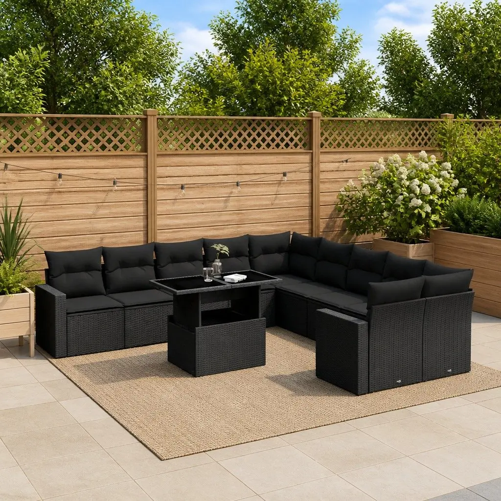 Garden Sofa Set 11 Piece Outdoor Furniture Patio Black Poly Rattan with Cushions