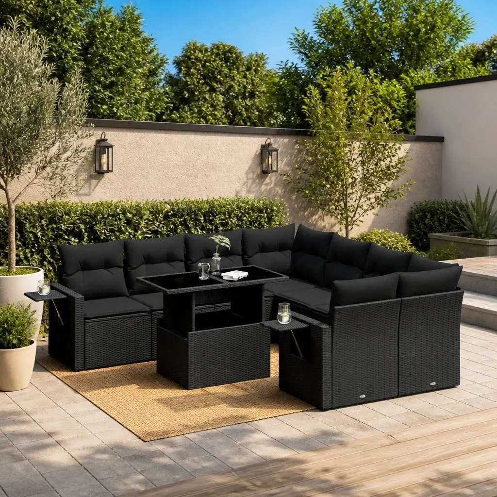 Garden Sofa Set 9 Piece Outdoor Furniture Patio Black Poly Rattan with Cushions