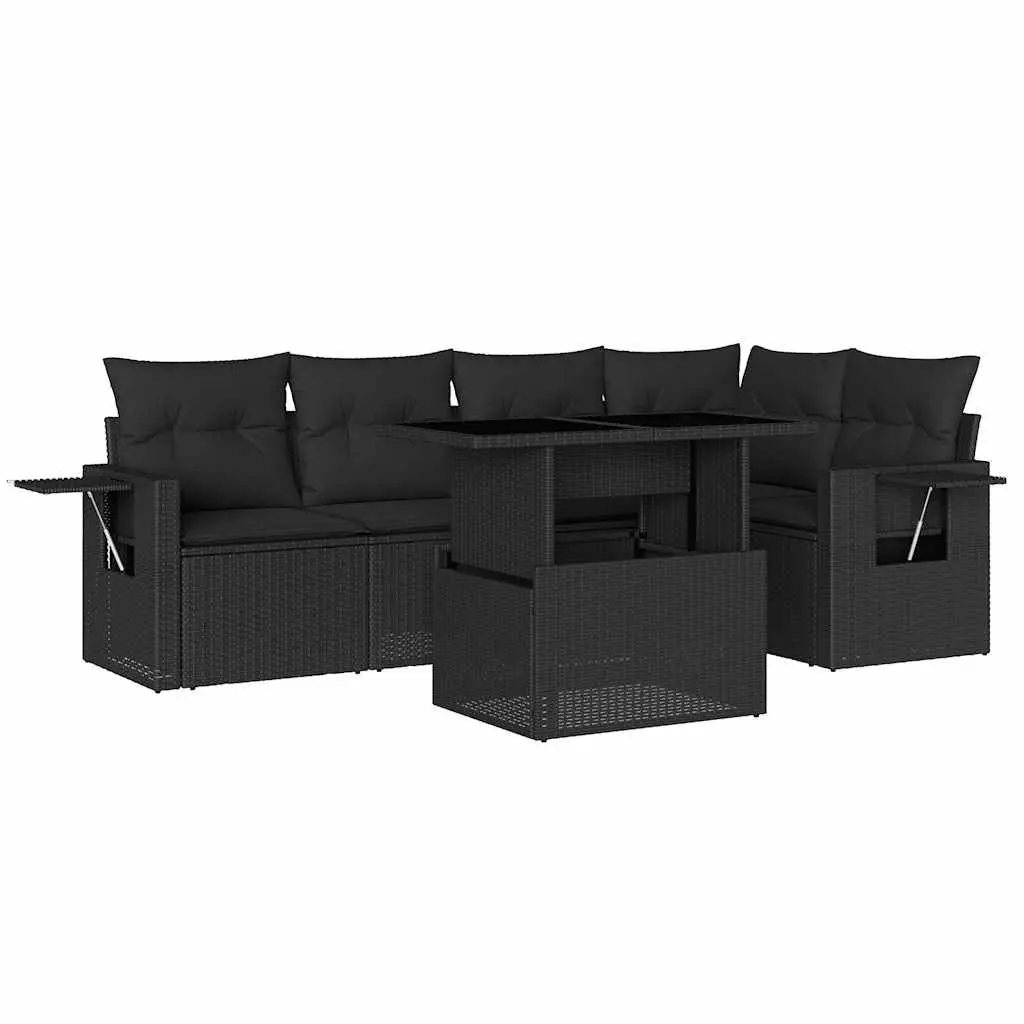 Garden Sofa Set 6 Piece Outdoor Furniture Black Poly Rattan with Cushions Patio