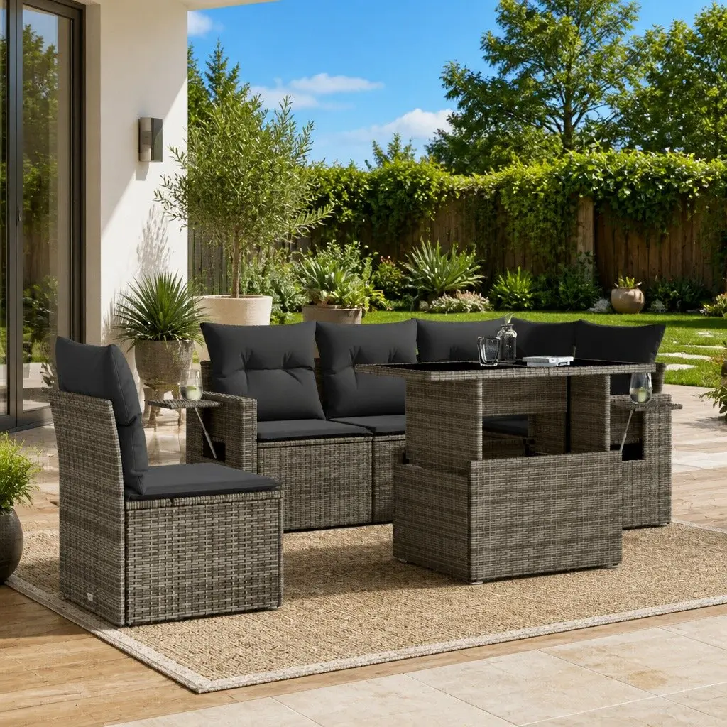 Modular Outdoor Sofa Set Grey PE Rattan 6 Piece with Cushions for Patio Garden Furniture