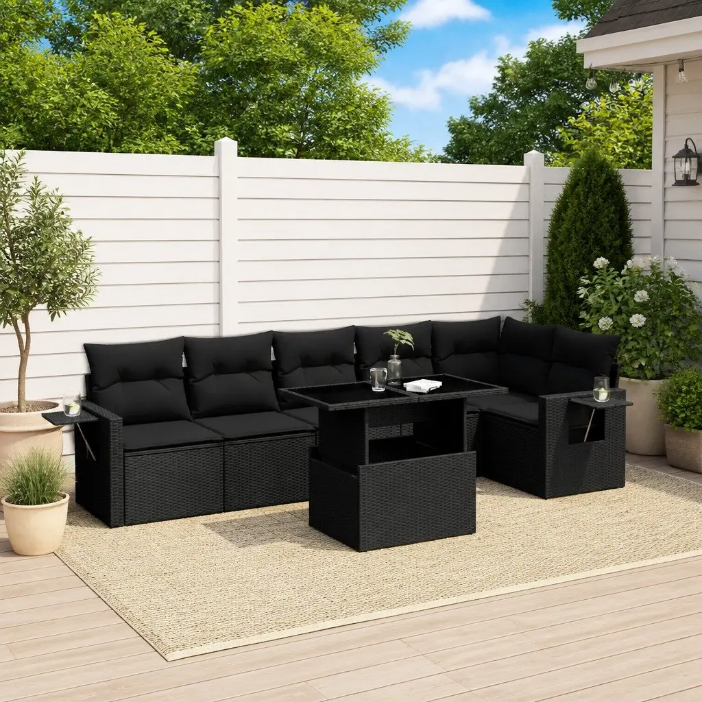 7 Piece Modular Outdoor Sofa Set Cushioned Black Poly Rattan Furniture