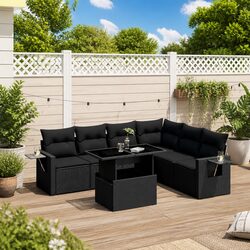 7 Piece Garden Sofa Set Black Poly Rattan Outdoor Furniture with Cushions