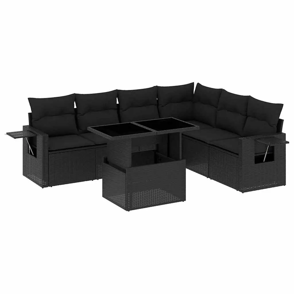 7 Piece Modular Garden Outdoor Furniture Sofa Set Black PE Rattan with Cushions
