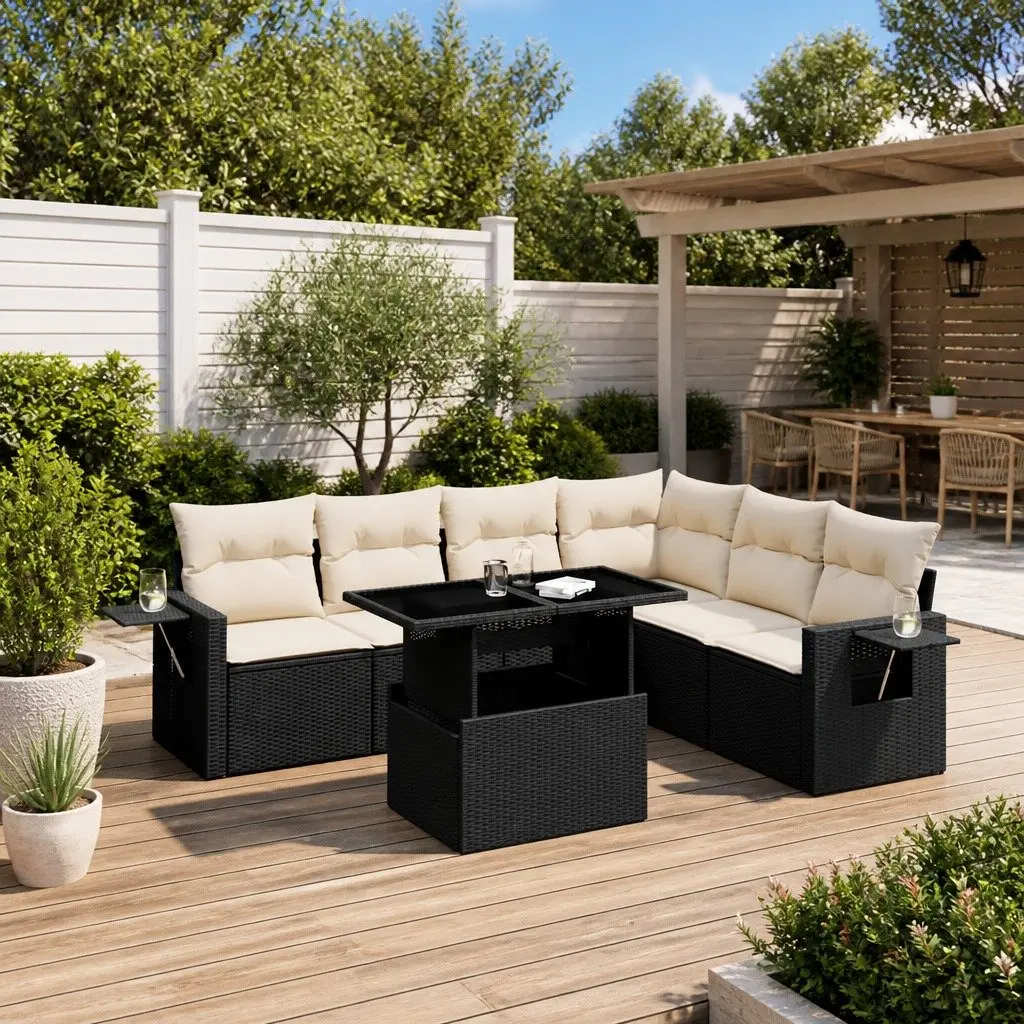7 Piece Garden Sofa Set Poly Rattan Black Outdoor Patio Furniture with Cushions