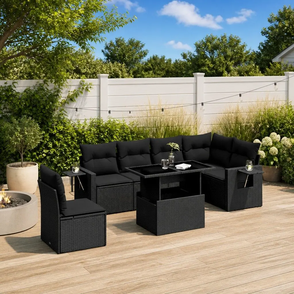 7 Piece Garden Sofa Set PE Rattan Black Modular Outdoor Furniture with Cushions