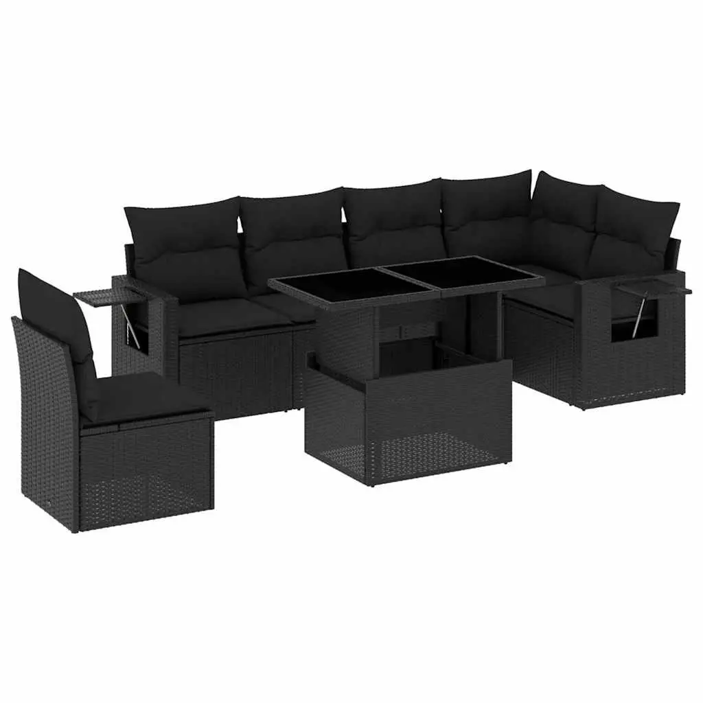 7 Piece Garden Sofa Set PE Rattan Black Modular Outdoor Furniture with Cushions