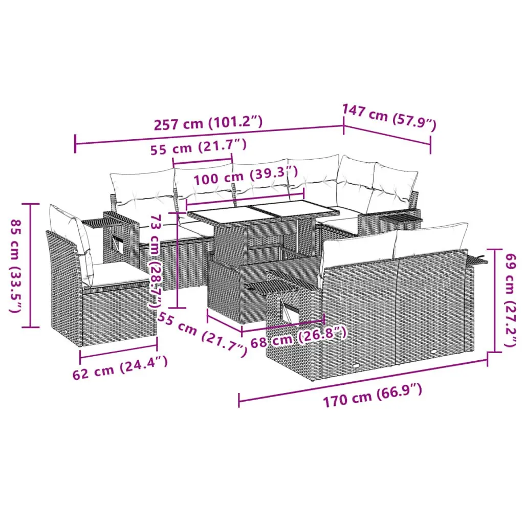 Garden Sofa Set 9 Piece Outdoor Furniture Grey Poly Rattan Modular Patio
