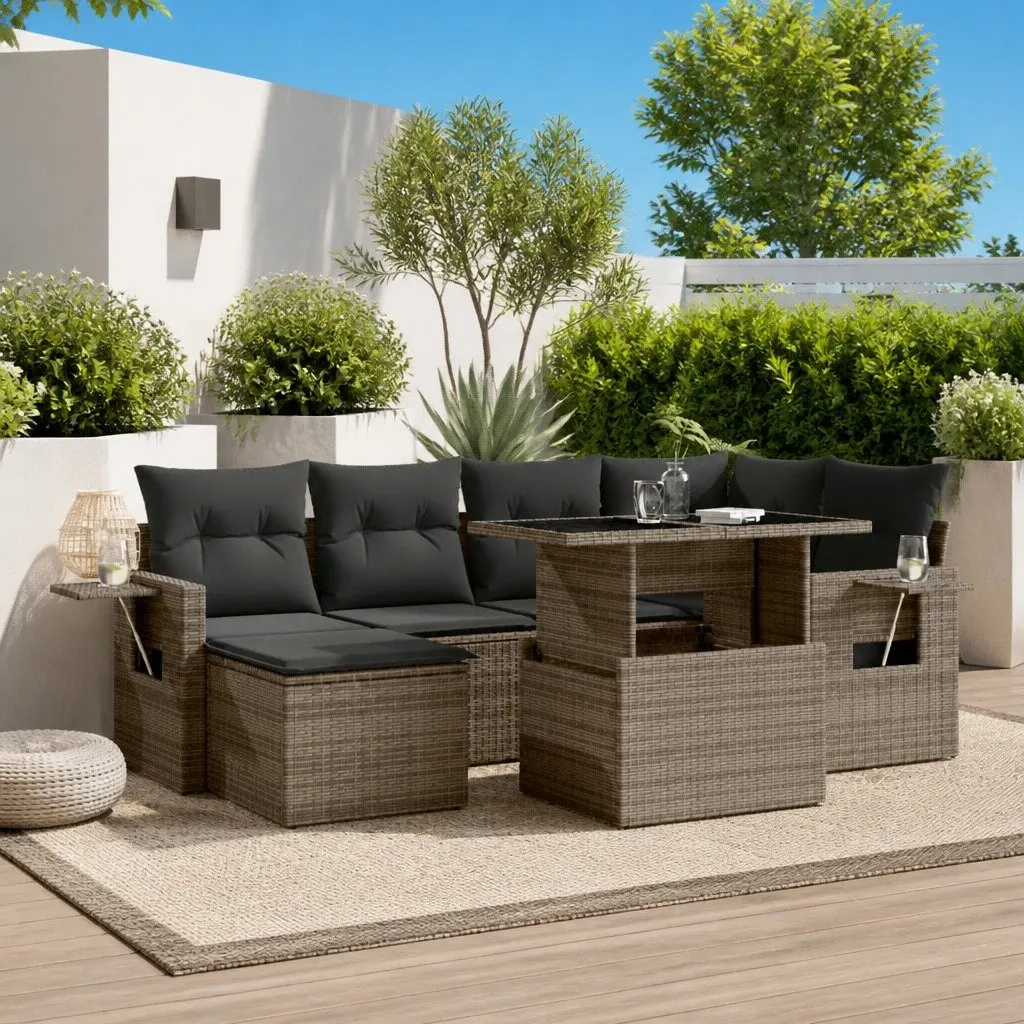 Garden Sofa Set 7 Piece Outdoor Furniture Patio Grey Poly Rattan with Cushions
