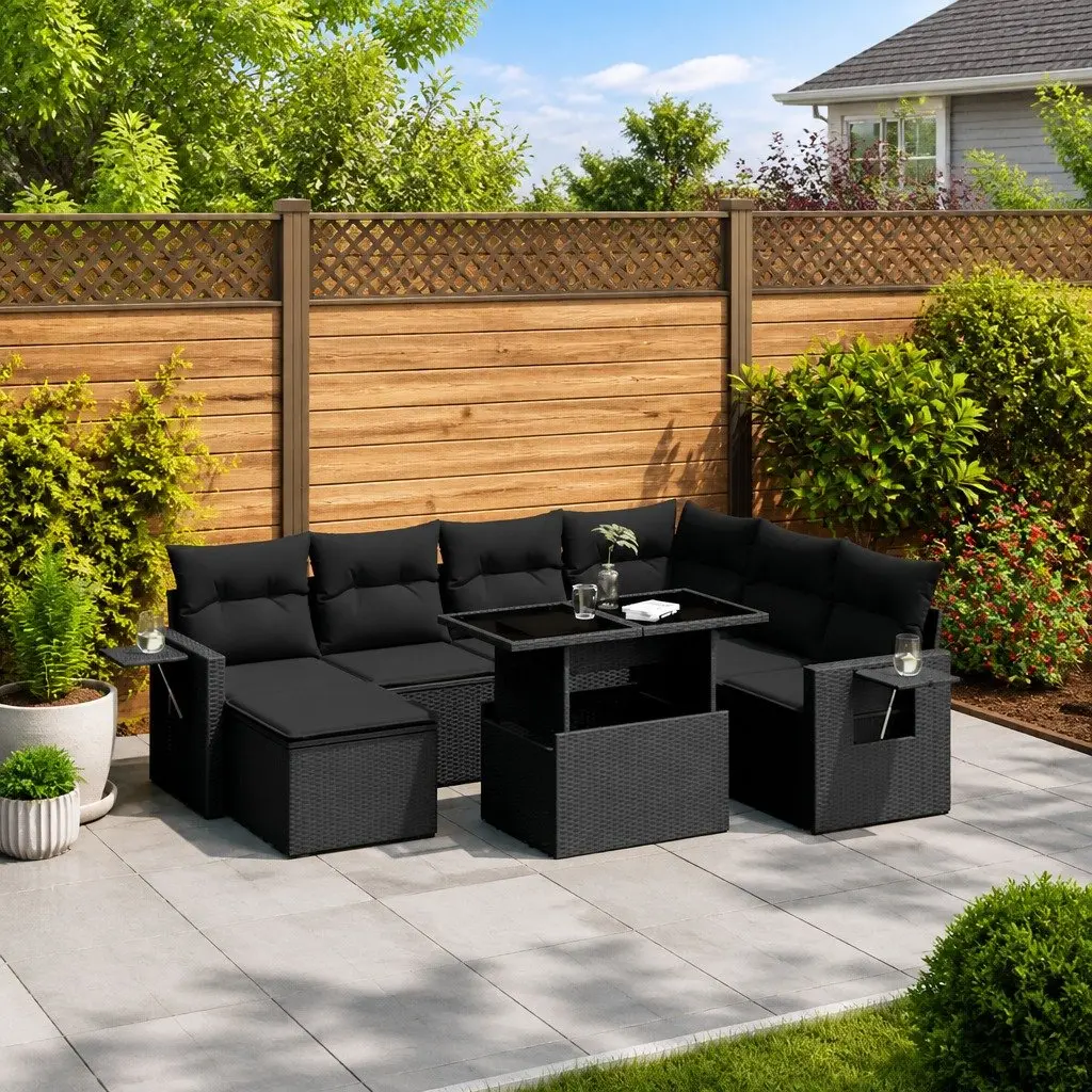 Garden Sofa Set 9 Piece Outdoor Furniture Black Poly Rattan Patio with Cushions