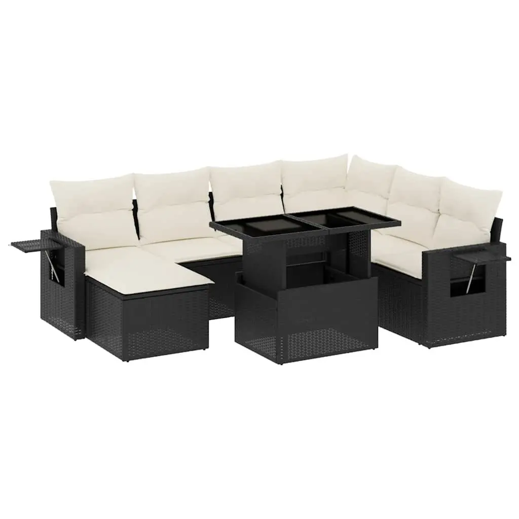 9 Piece Modular Garden Sofa Set Black PE Rattan with Cushions Adjustable Table and Foldable Side Tables Weather Resistant Outdoor Furniture