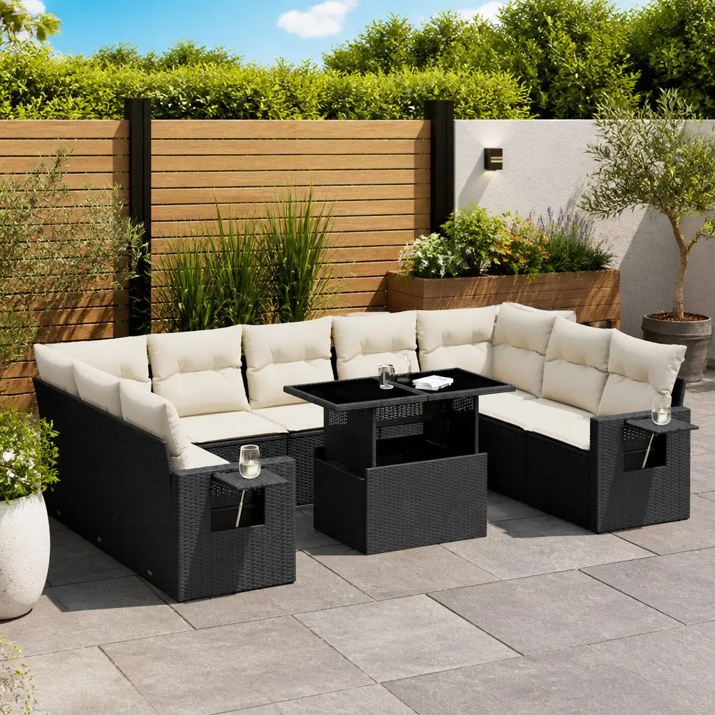 Garden Sofa Set 10 Piece Outdoor Patio Furniture Black Poly Rattan with Cushions