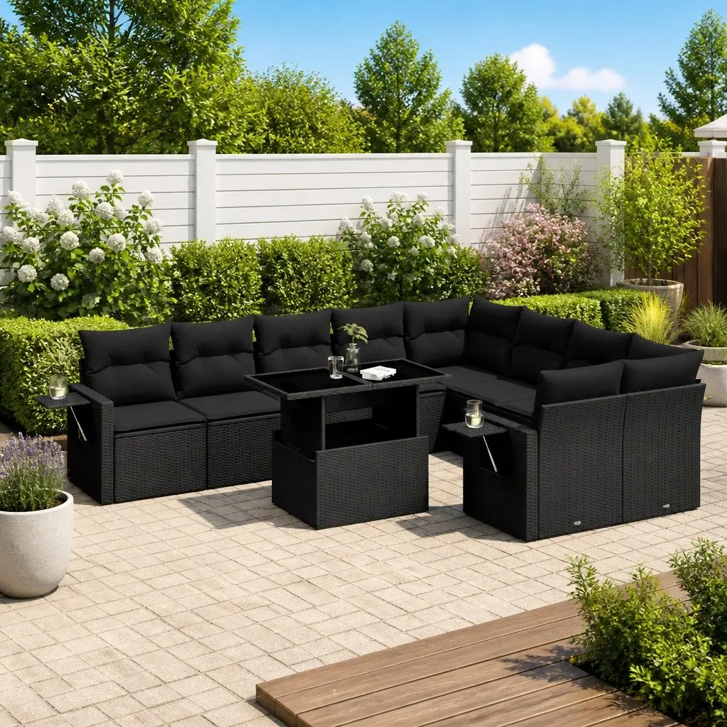 10 Piece Modular Outdoor Furniture Set Black PE Rattan Sofa with Cushions