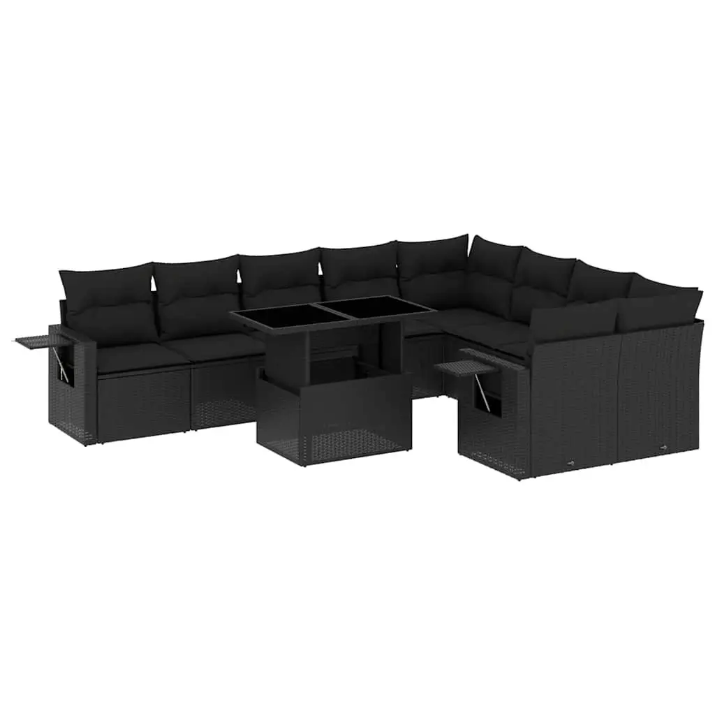 10 Piece Modular Outdoor Furniture Set Black PE Rattan Sofa with Cushions