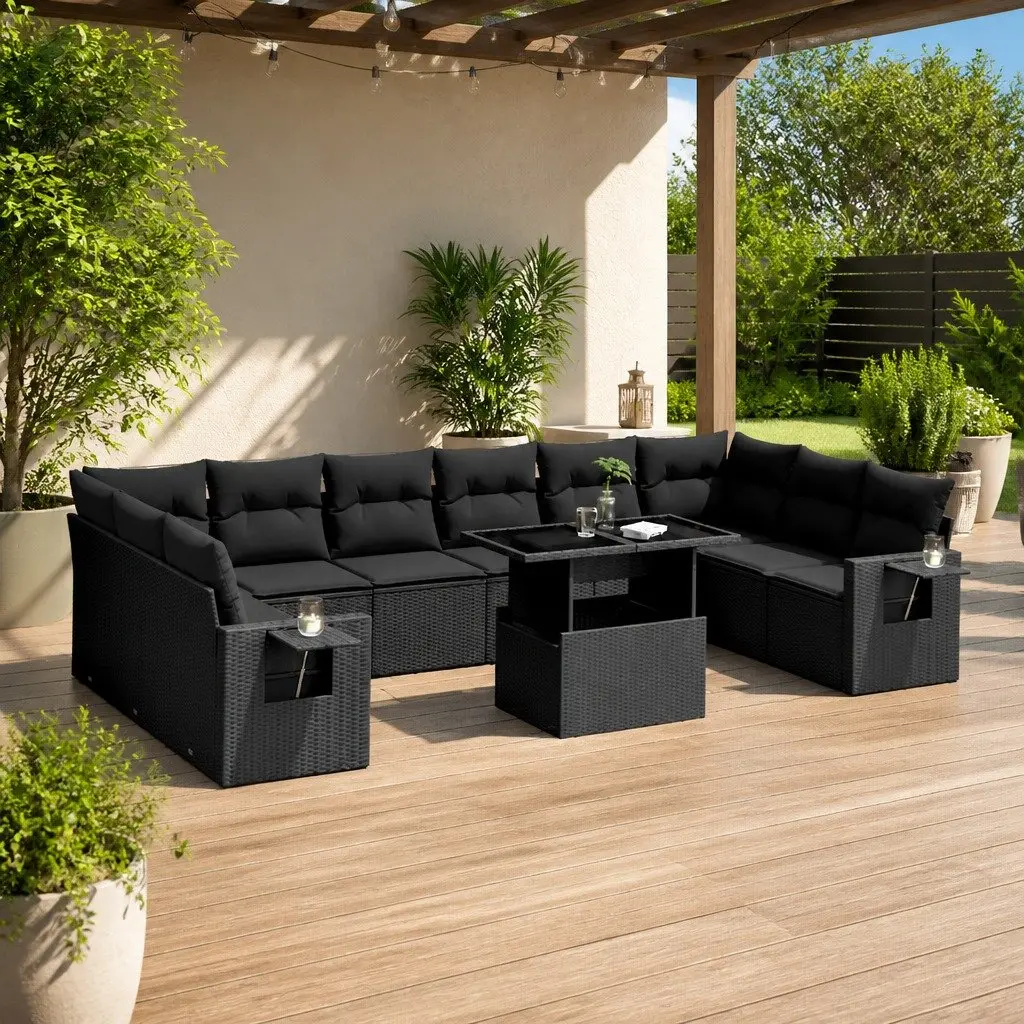 Modular Outdoor Furniture Set Black PE Rattan 11 Piece Sofa with Cushions and Adjustable Table