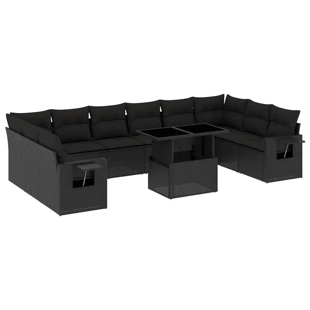 Modular Outdoor Furniture Set Black PE Rattan 11 Piece Sofa with Cushions and Adjustable Table