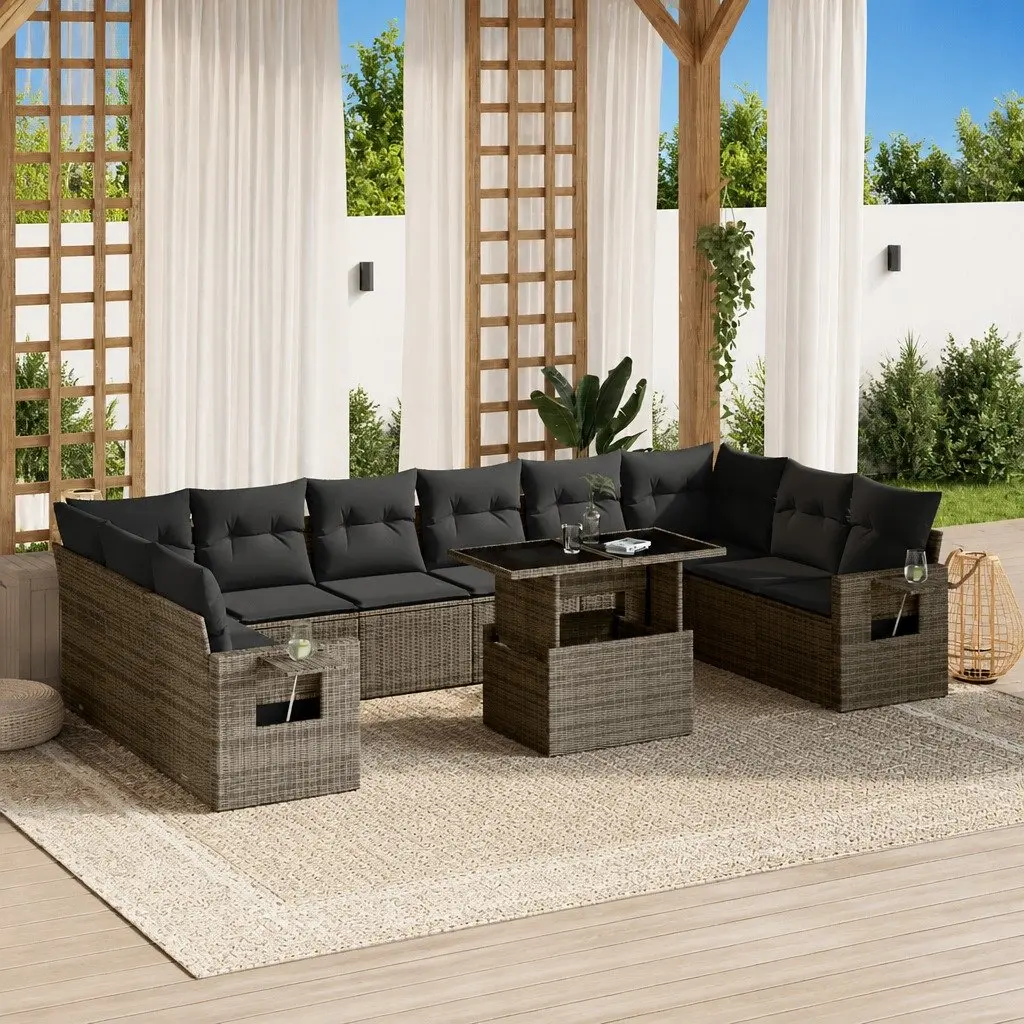 Outdoor Sofa Set PE Rattan 11 Piece Modular Grey with Cushions