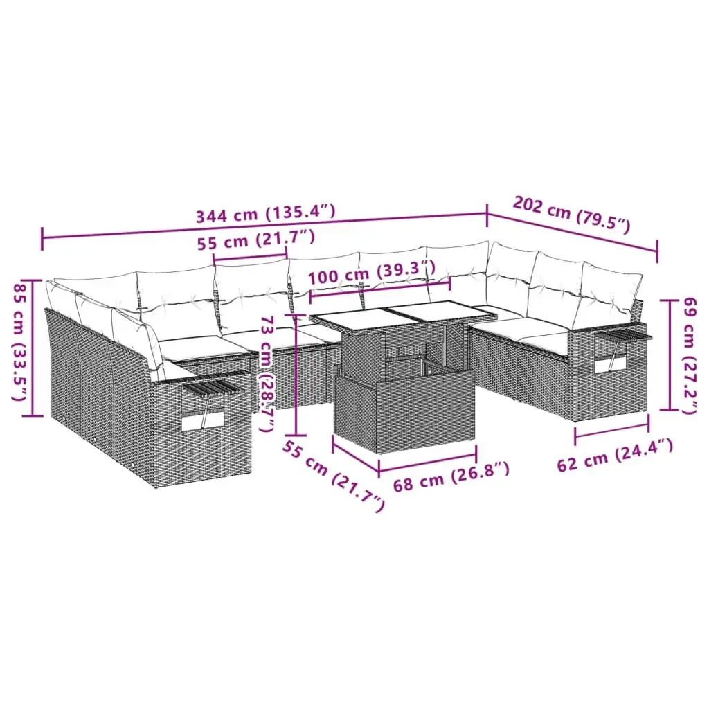 Outdoor Sofa Set PE Rattan 11 Piece Modular Grey with Cushions