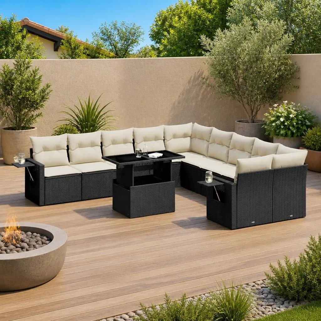 Garden Sofa Set PE Rattan 11 Piece Outdoor Furniture Black with Cushions