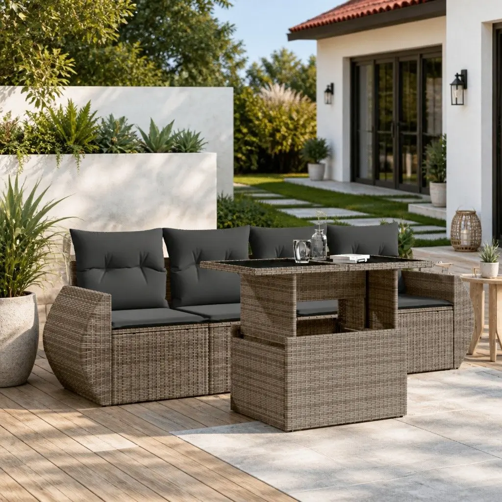 Garden Sofa Set PE Rattan 5 Piece Outdoor Furniture with Cushions Grey