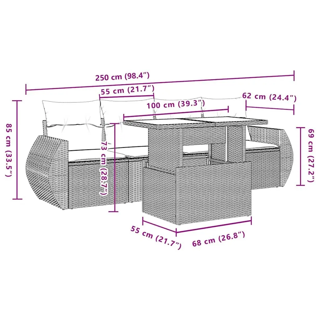 Garden Sofa Set PE Rattan 5 Piece Outdoor Furniture with Cushions Grey