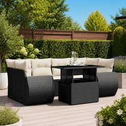 7 Piece Outdoor Garden Sofa Set Adjustable Table Black Poly Rattan Patio