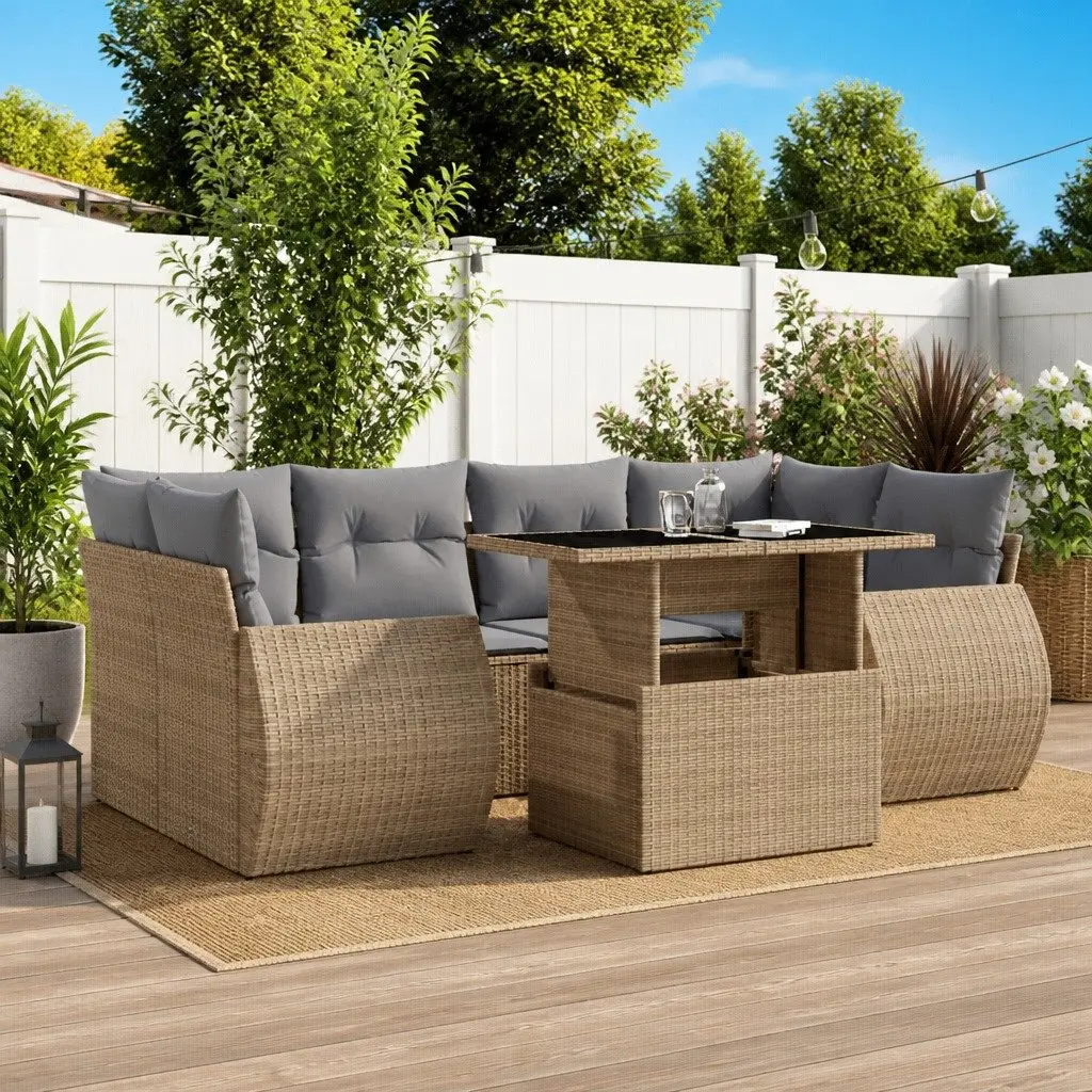 7 Piece Garden Sofa Set PE Rattan Beige Modular Outdoor Furniture with Cushions