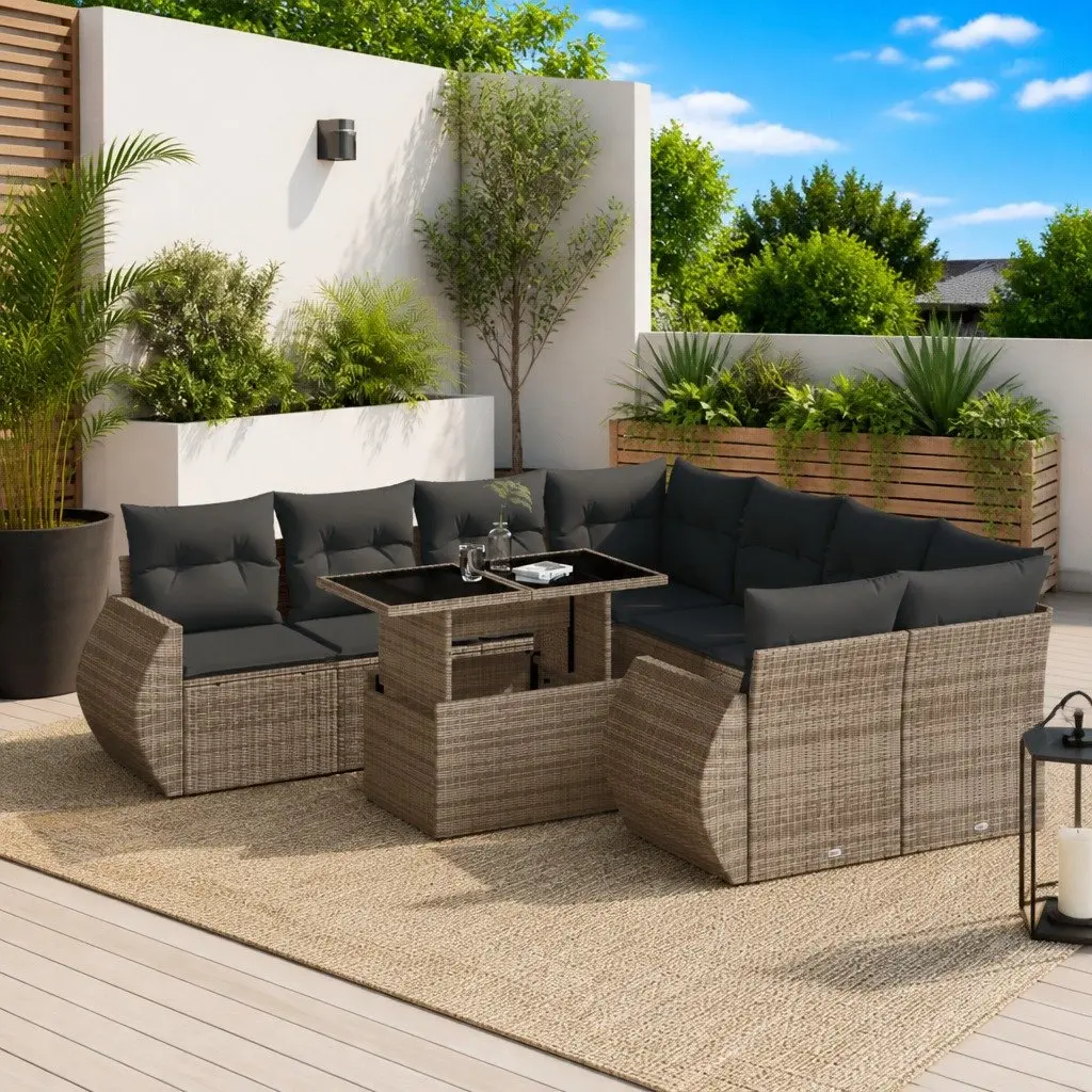Garden Sofa Set 9 Piece Outdoor Furniture Patio Seating Grey Poly Rattan Modular