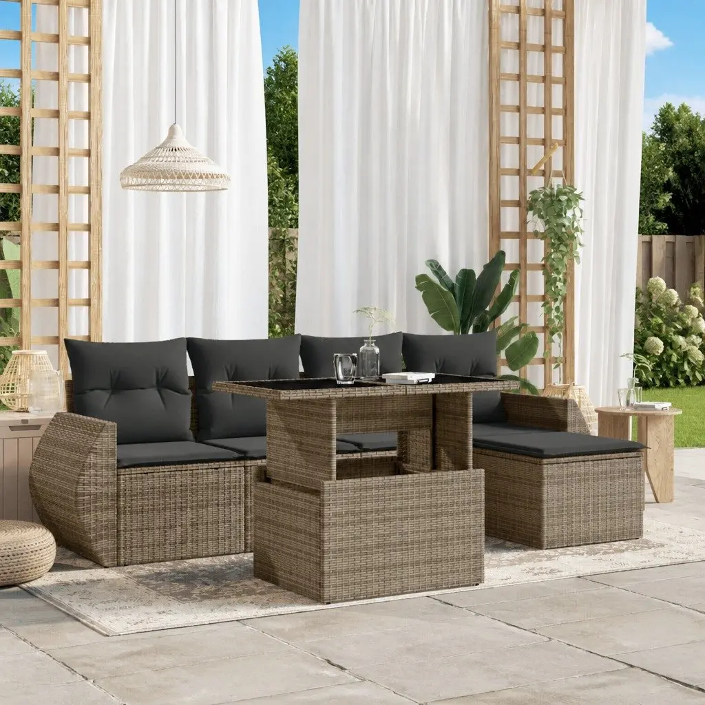 Outdoor Furniture Set 6 Piece Modular Grey PE Rattan Sofa with Cushions and Adjustable Tabletop for Patio and Garden