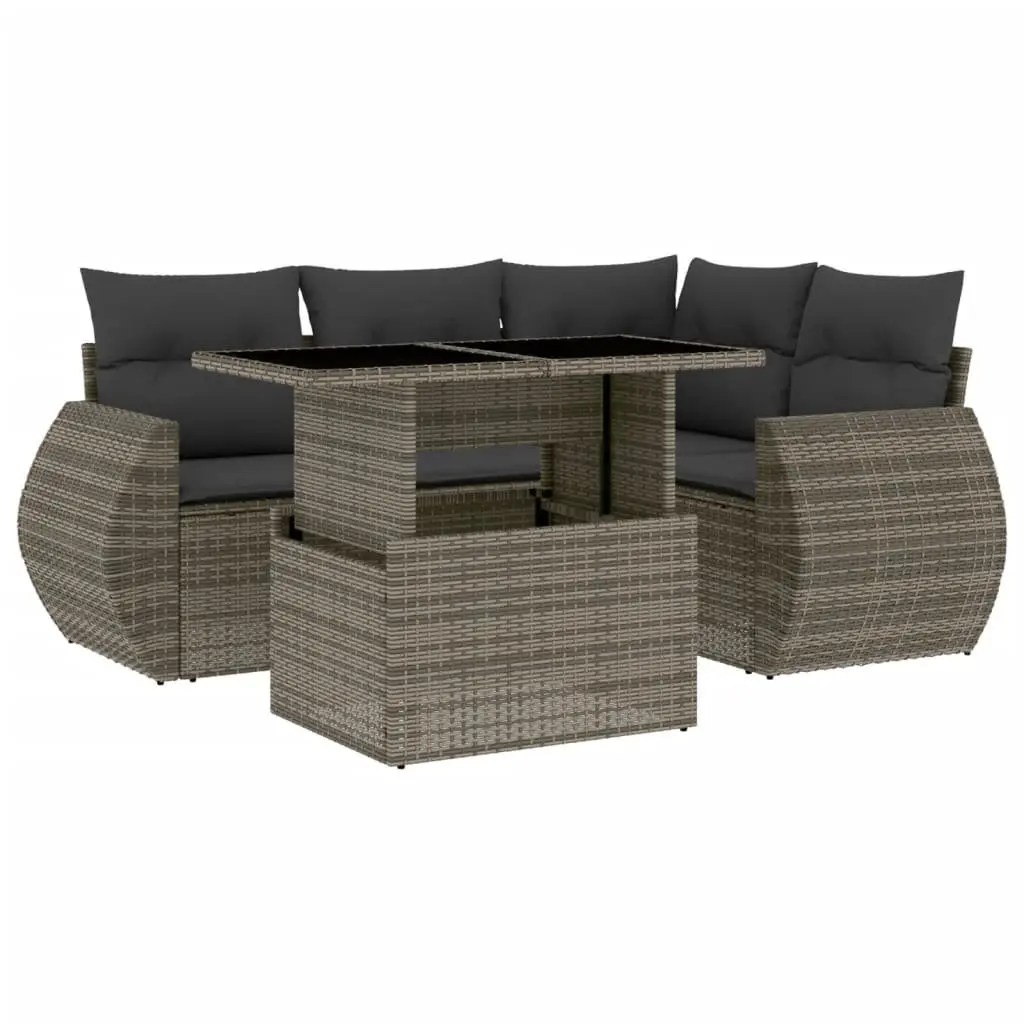 5 Piece Outdoor Garden Sofa Set Grey PE Rattan with Cushions Adjustable Table