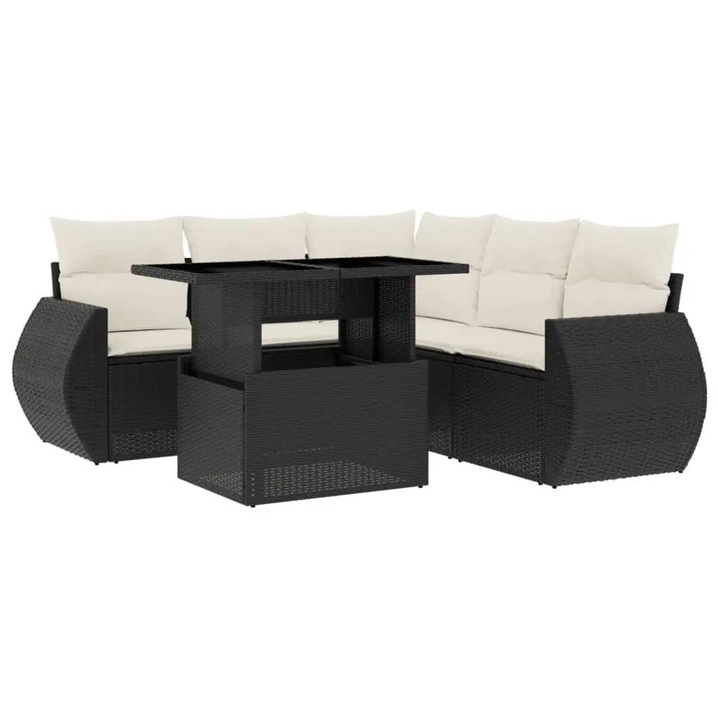 6 Piece Modular Garden Sofa Set Black PE Rattan Outdoor Furniture with Adjustable Table and Cushions