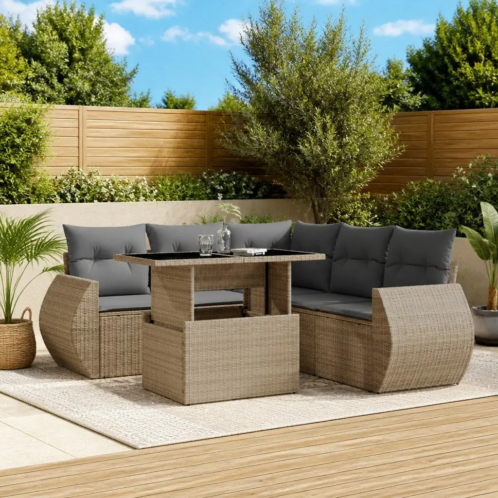 6 Piece Garden Sofa Set PE Rattan Outdoor Furniture Beige with Cushions