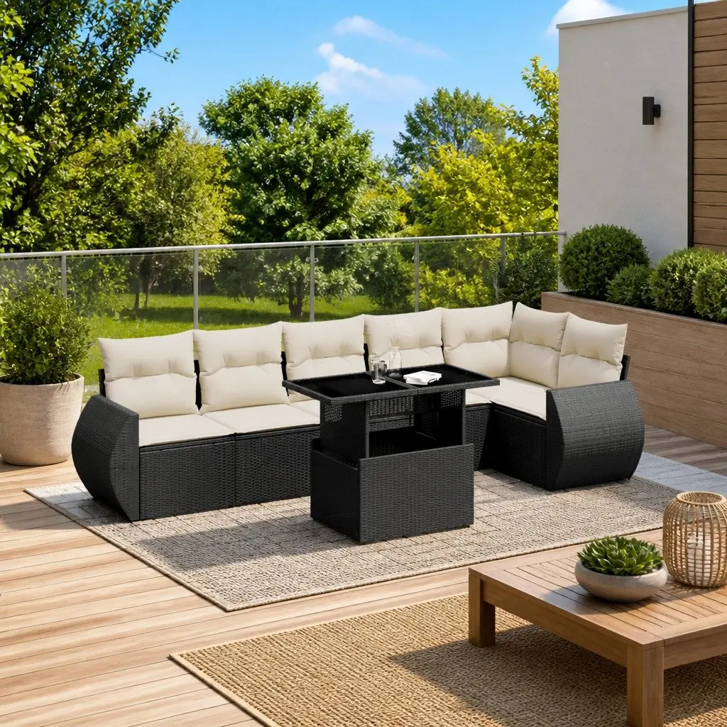 7 Piece Garden Sofa Set PE Rattan Outdoor Patio Furniture Black with Cushions