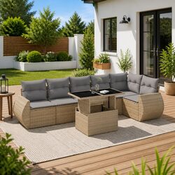 7 Piece Garden Sofa Set Beige Poly Rattan Outdoor Furniture Patio Lounge with