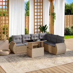7 Piece Garden Sofa Set Beige Poly Rattan Outdoor Furniture Cushions Patio