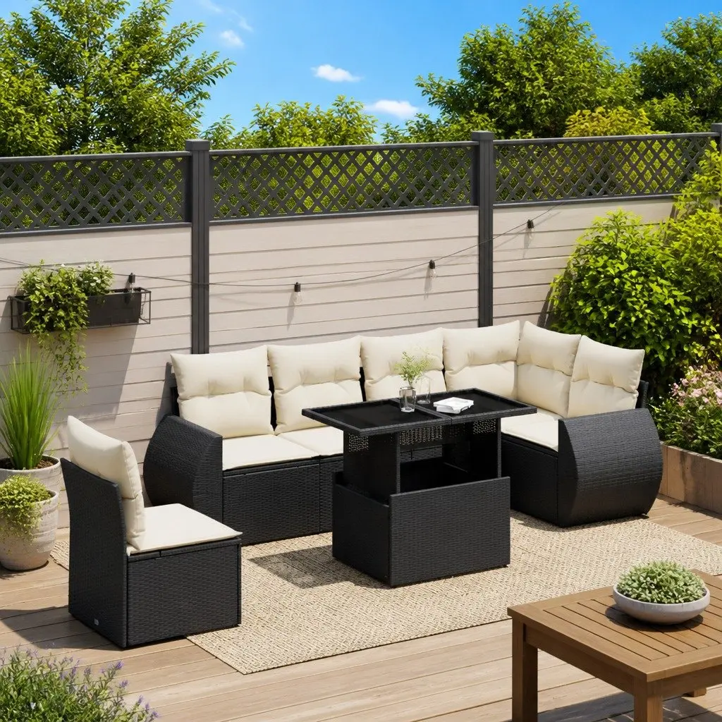 7 Piece Garden Sofa Set PE Rattan Outdoor Patio Furniture Black with Cushions