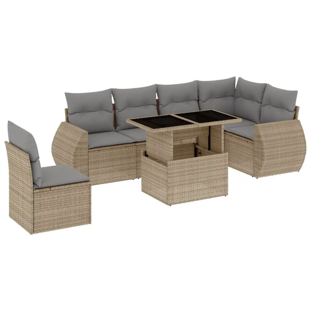 7 Piece Modular Outdoor Furniture Set Beige PE Rattan with Cushions Adjustable Table for Patio Garden