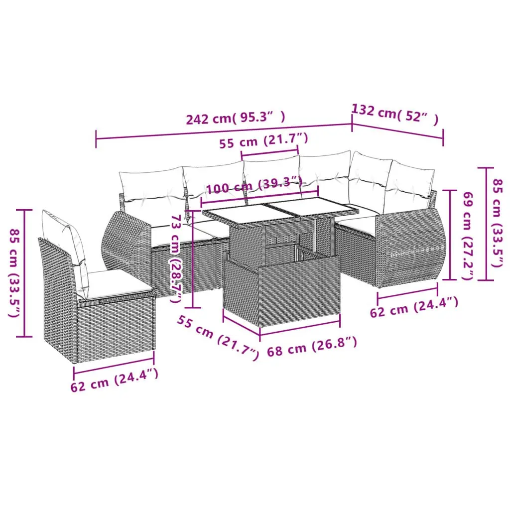 7 Piece Modular Outdoor Furniture Set Beige PE Rattan with Cushions Adjustable Table for Patio Garden