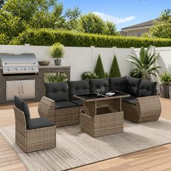 7 Piece Garden Sofa Set Outdoor Patio Furniture Grey Poly Rattan with Cushions
