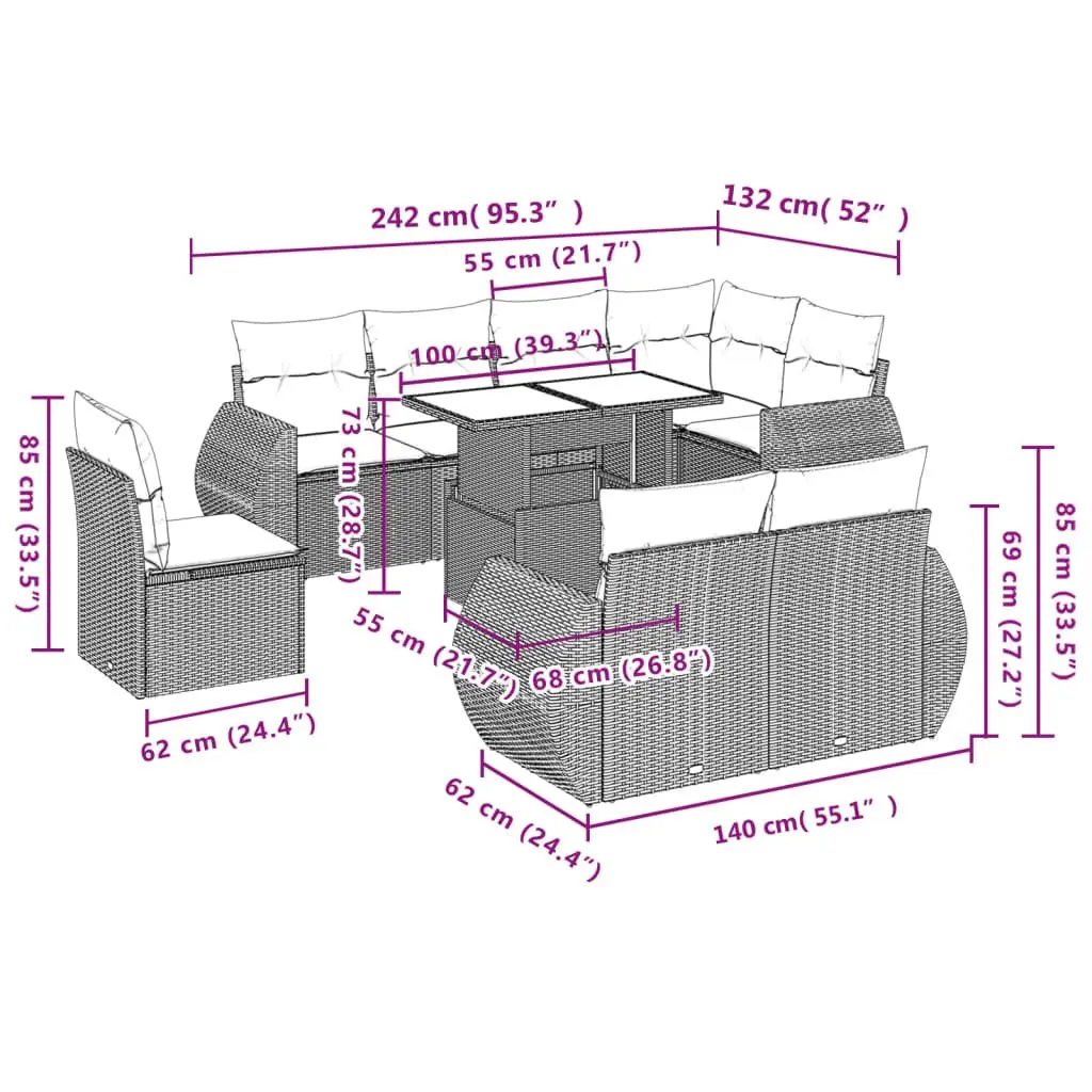Garden Sofa Set Modular PE Rattan 9 Piece Outdoor Furniture Patio Seating Grey