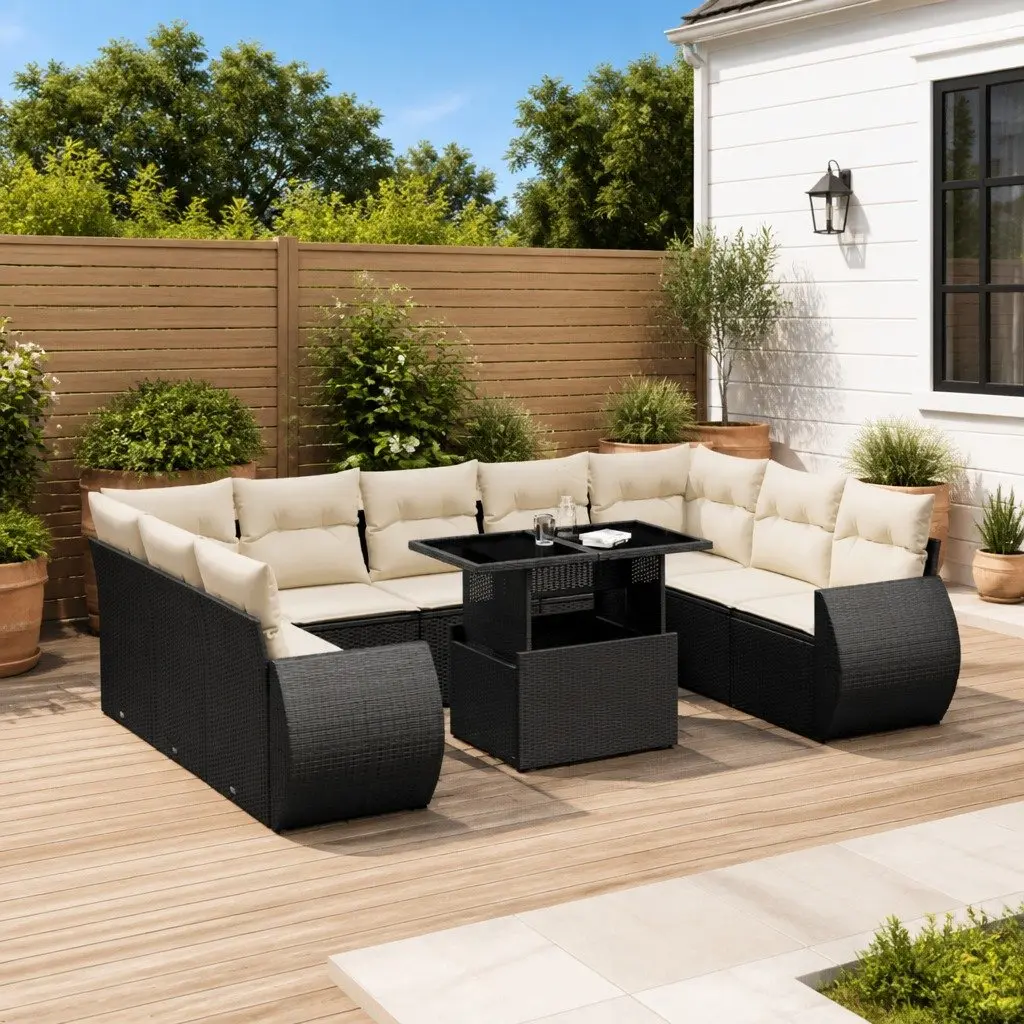 10 Piece Outdoor Lounge Set Black PE Rattan Patio Furniture with Adjustable Table and Cushions