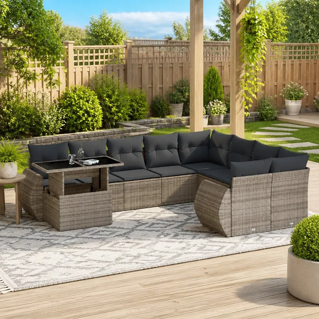 Garden Sofa Set 10 Piece Outdoor Furniture Grey Cushions Poly Rattan Modular