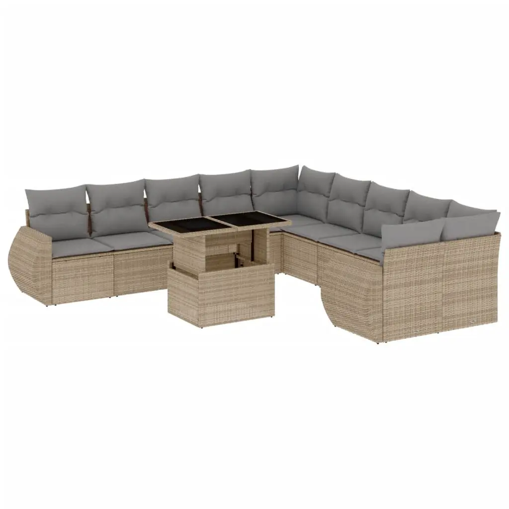 11 Piece Modular Outdoor Furniture Set Beige PE Rattan with Cushions and Adjustable Table