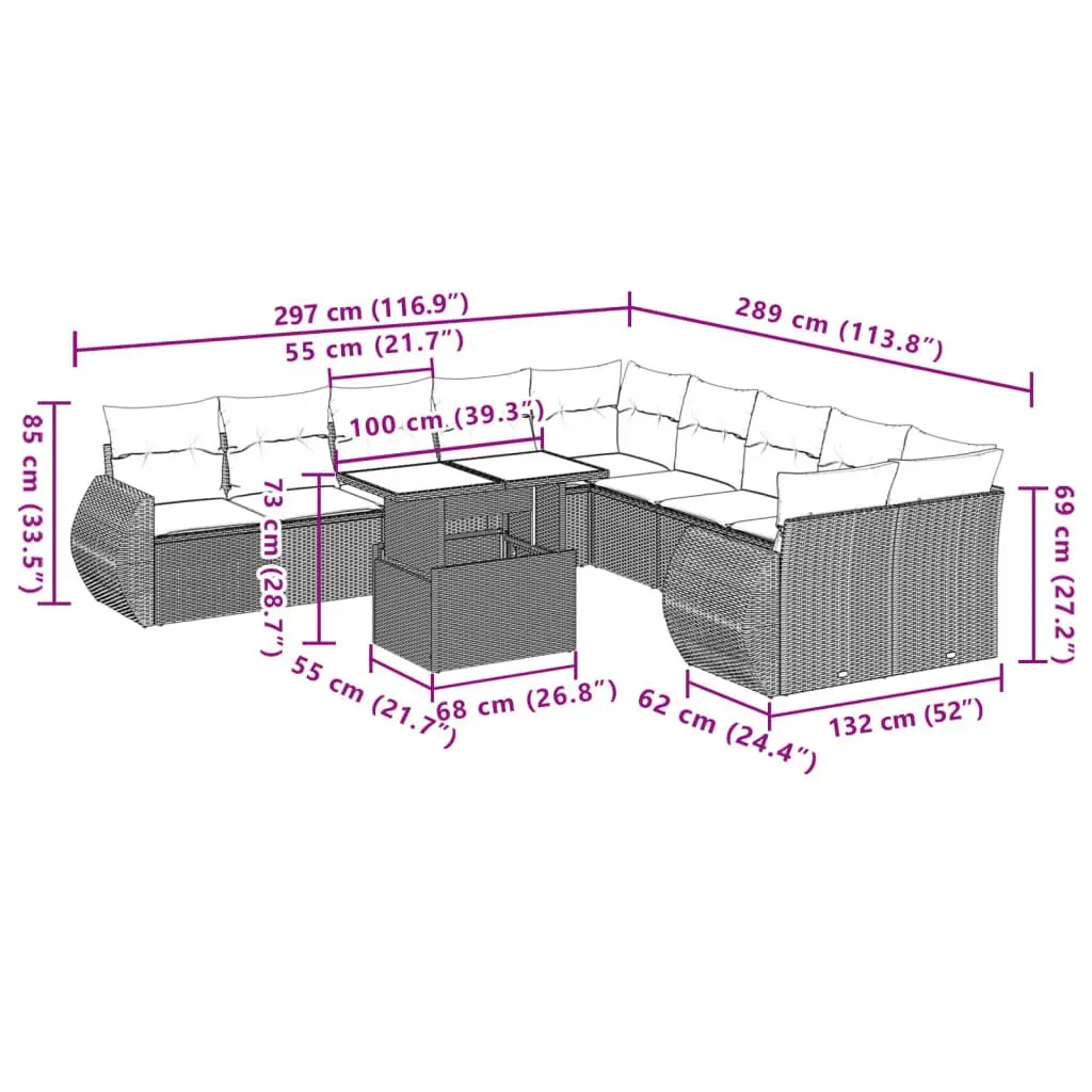 Garden Sofa Set PE Rattan 11 Piece Modular Outdoor Furniture with Cushions Grey