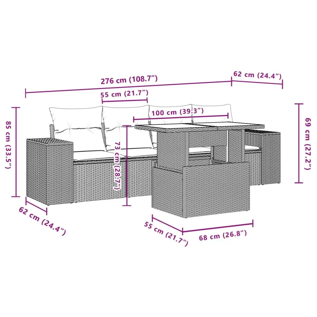 5 Piece Garden Sofa Set PE Rattan Grey Outdoor Patio Furniture