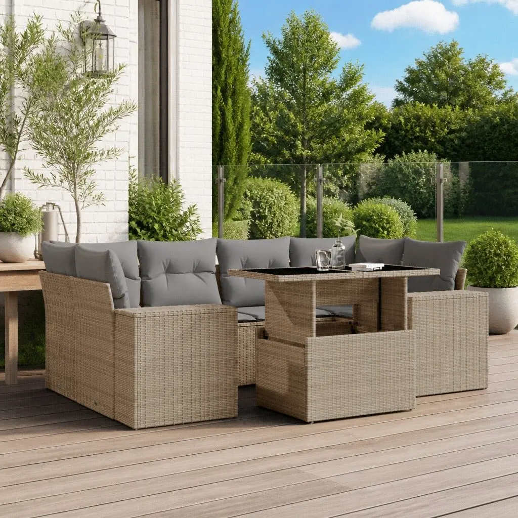 7 Piece Modular Outdoor Furniture Set Beige PE Rattan with Adjustable Table and Padded Cushions