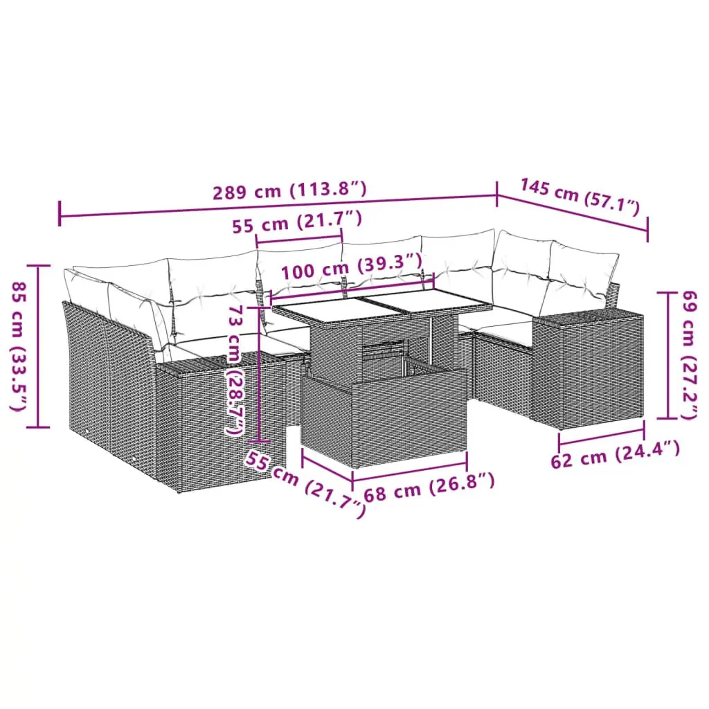 8 Piece Garden Sofa Set Outdoor Patio Furniture Grey PE Rattan with Cushions