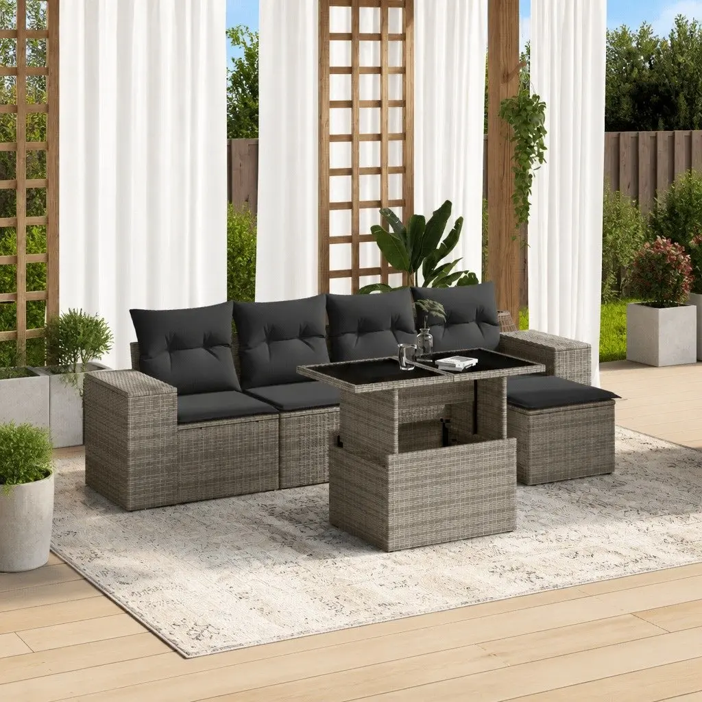 6 Piece Modular Outdoor Furniture Grey PE Rattan Sofa Set with Cushions for Patio Garden Lounge