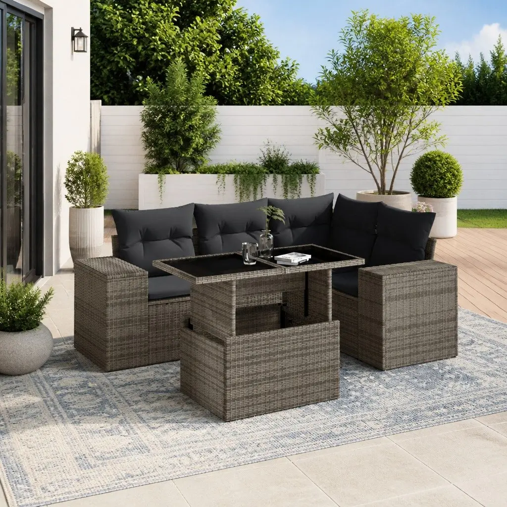 Garden Sofa Set PE Poly Rattan 5 Piece Grey Outdoor Furniture Patio Cushions