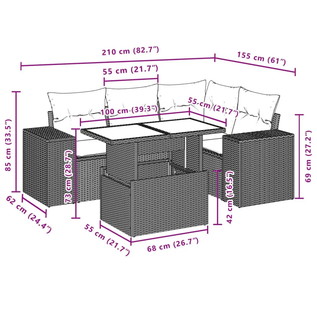 Garden Sofa Set PE Poly Rattan 5 Piece Grey Outdoor Furniture Patio Cushions