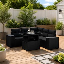 6 Piece Garden Sofa Set Outdoor Furniture Black Poly Rattan Patio Lounge with